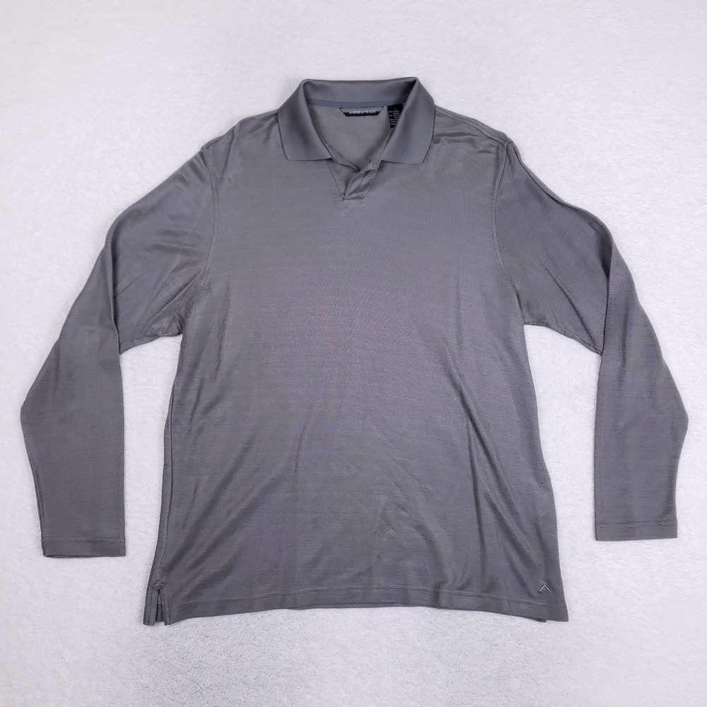 Andrew Fezza Long Sleeve Polo Shirt Mens Large Y2K‎ Grey Rayon Cotton Minimalist